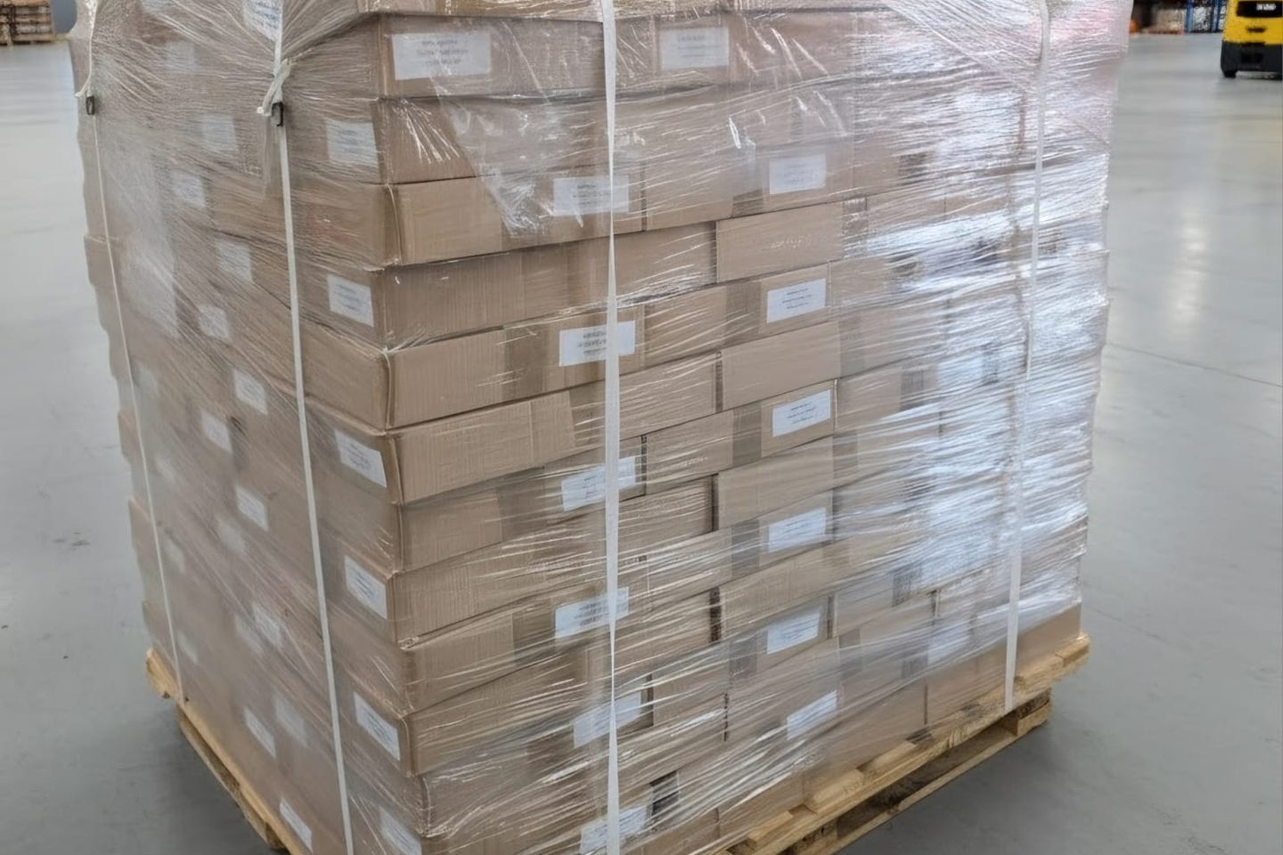 Palletised finished goods wrapped and strapped ready for UK-wide delivery