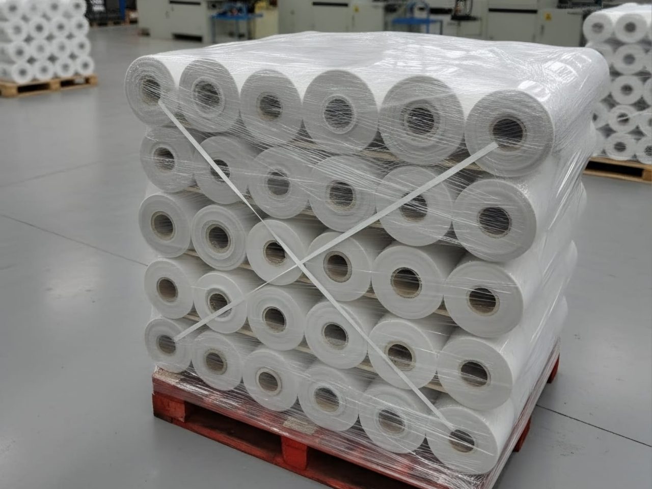 A shrink-wrapped pallet of polythene layflat rolls ready for despatch at our Blackburn factory