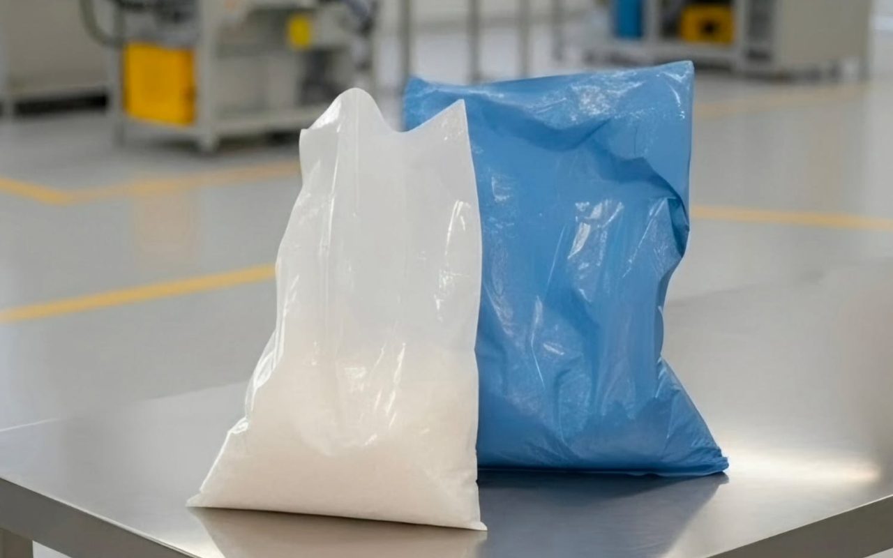 Heavy-duty white and blue polythene bags filled and sealed