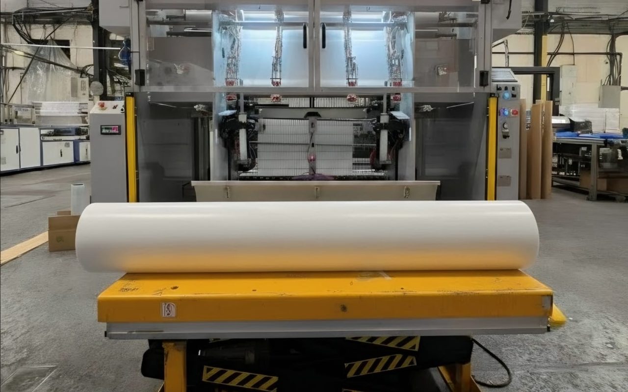 A reel of polythene bags on the perforating line ready for line-side packing